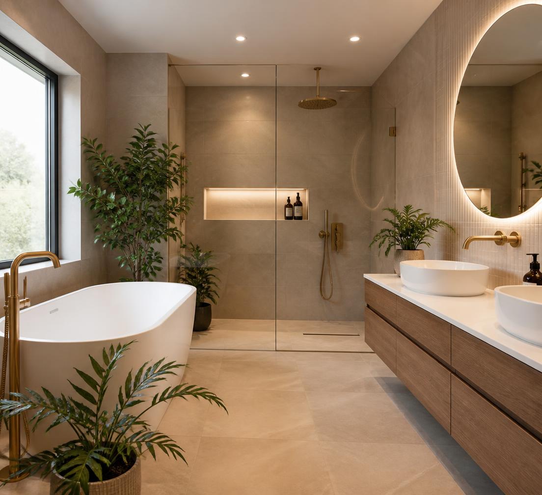 Volledig gerenoveerde badkamer met vrijstaand bad en ronde spiegel