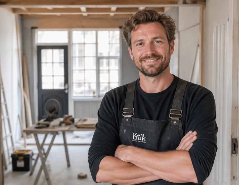 Vakman in werkschort in een woning die wordt verbouwd
