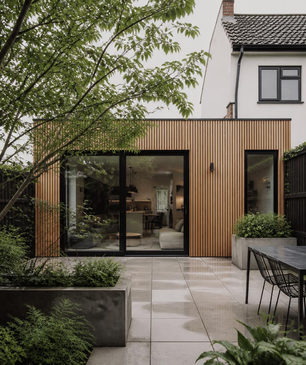 Moderne aanbouw met houten gevel en grote glazen deuren